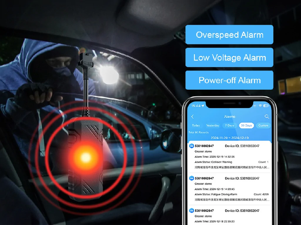 The GD09 dashcam with the Galagps app showing remote monitoring, real-time location, and track playback features.