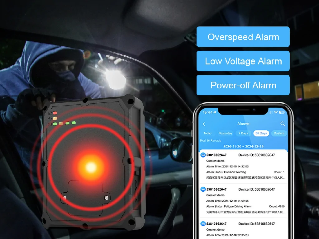 The GD09 dashcam with the Galagps app showing remote monitoring, real-time location, and track playback features.