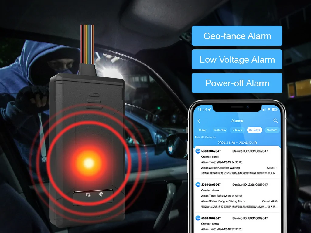 A car collision with a security lock icon, illustrating the GD09's instant event alerts and secure cloud storage.