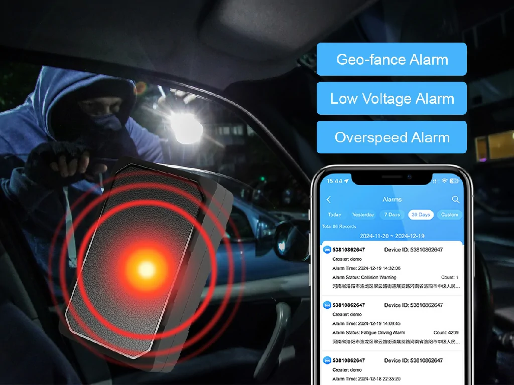 A car collision with a security lock icon, illustrating the GD09's instant event alerts and secure cloud storage.