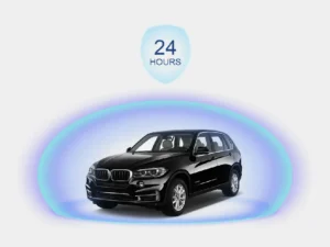A car protected by a 24-hour digital shield, representing the GD09's intelligent parking monitoring with battery protection.