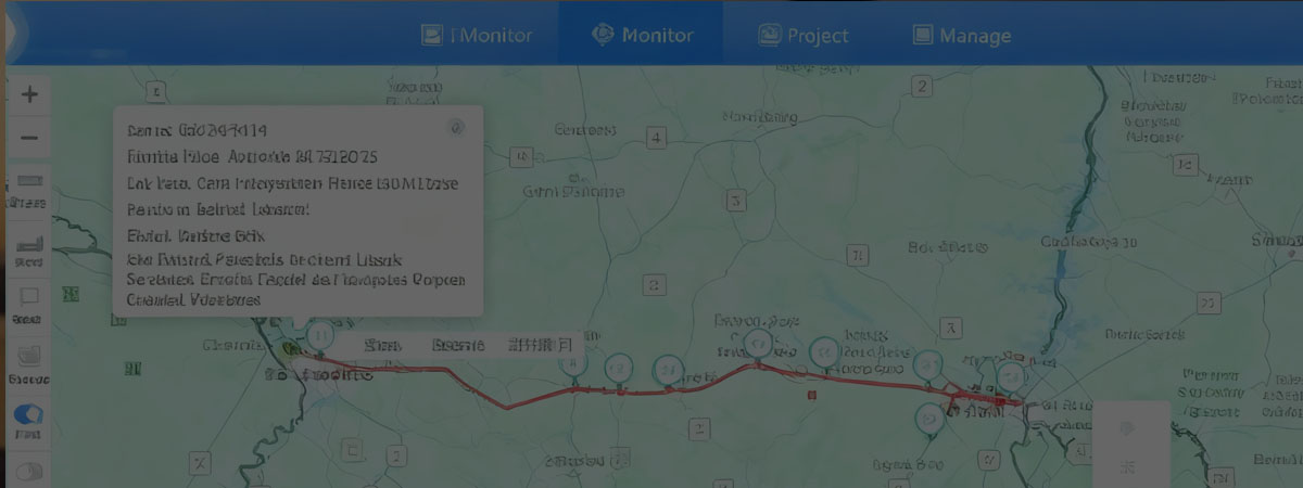 Interactive map with a red route line and a details popup over the route