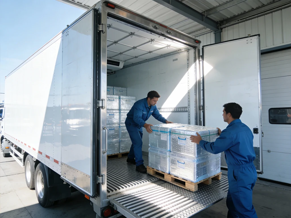 Two workers in blue uniforms unload stacked pallets from a box truck