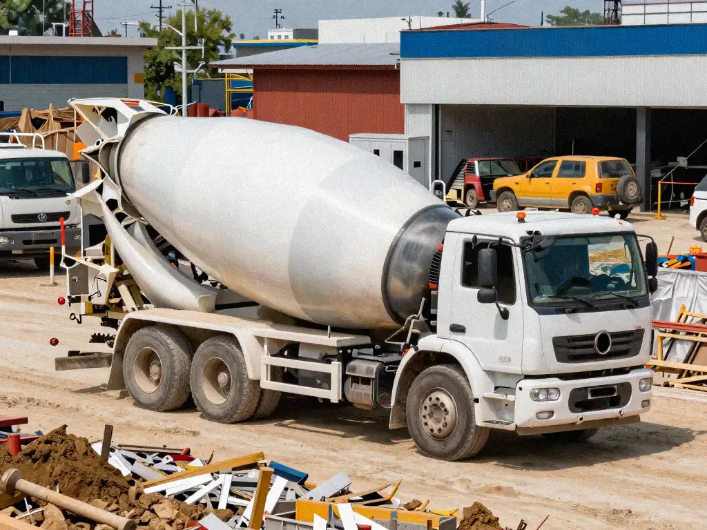 Concrete mixer truck parked at a construction site