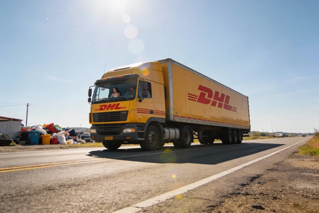 A DHL semi-truck driving along a rural road beside piles of trash