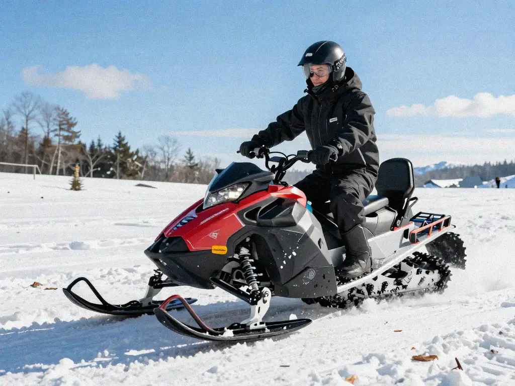 Person riding a snowmobile across a snowy field