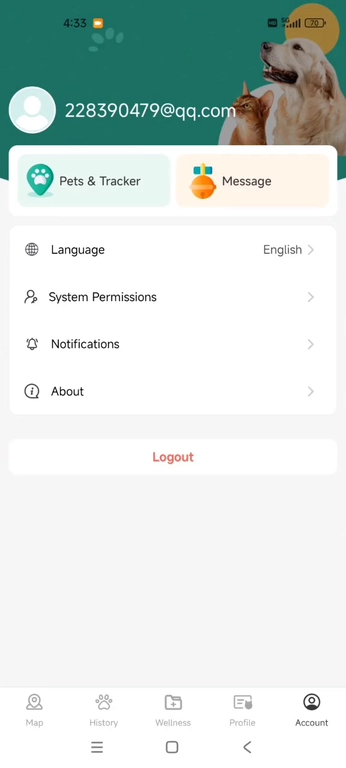 Account page for 228390479@qq.com with Pets & Tracker, Message, language, permissions, notifications, About, and Logout