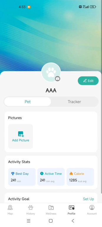 Pet profile for AAA showing Add Picture and activity stats for best day, active time, and calories
