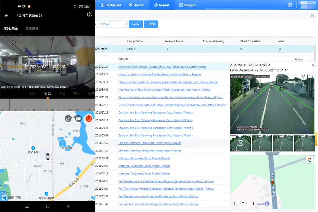 Galagps management platform showing live video, map tracking, and reports.