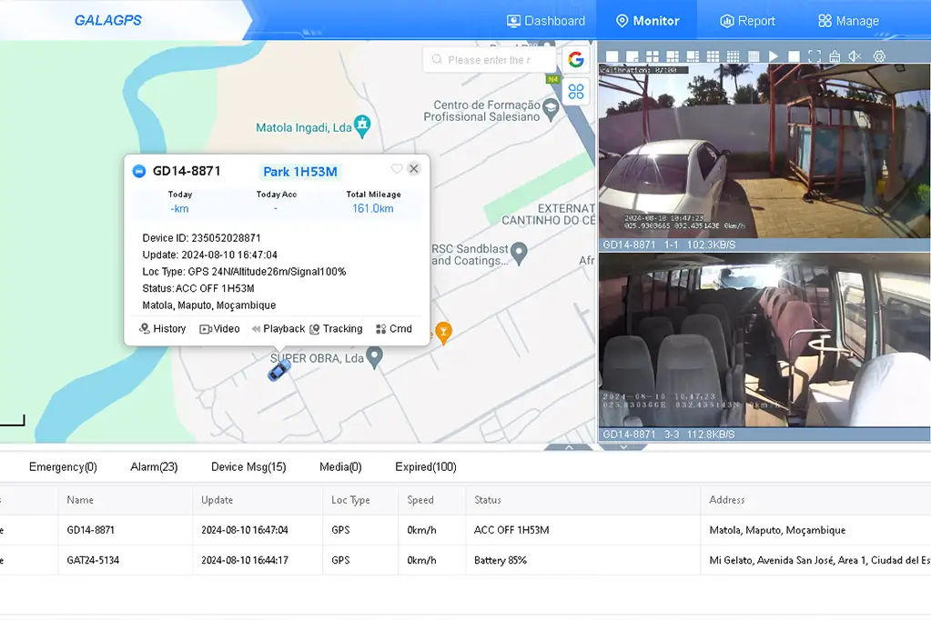 Galagps platform interface showing real-time GPS tracking and live video feeds for GD14 dashcam.