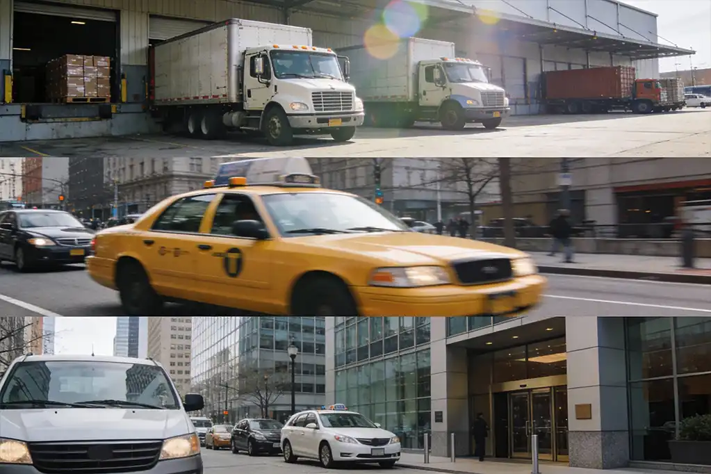 Application scenarios for Galagps: logistics trucks, urban taxis, and commercial vans.