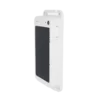 White solar-powered device with a black front panel and mounting tabs