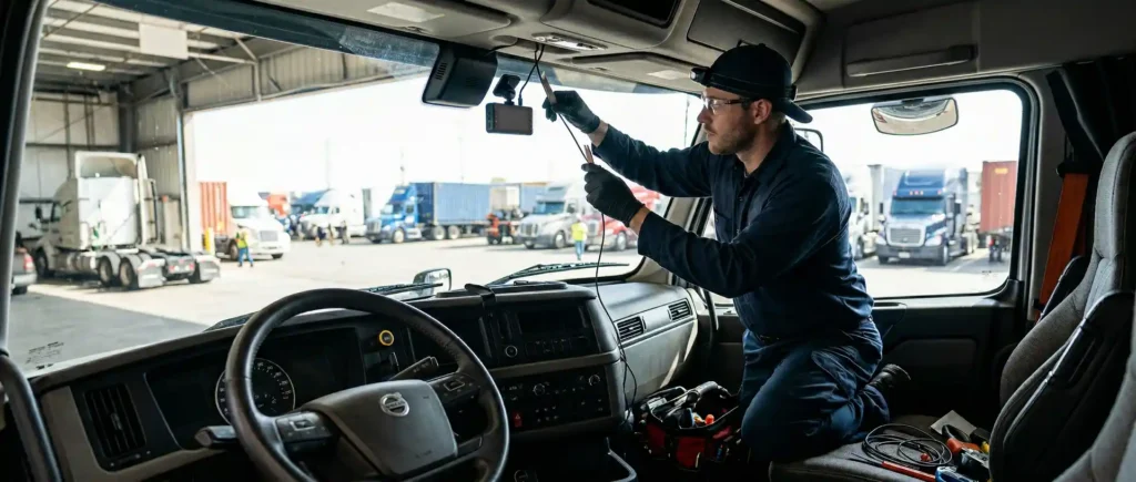 Technician kneeling in a truck cab, installing a dash camera near the windshield