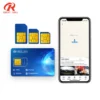 Three Great-Will SIM cards, a blue SIM card package, and a phone showing a location-tracking app