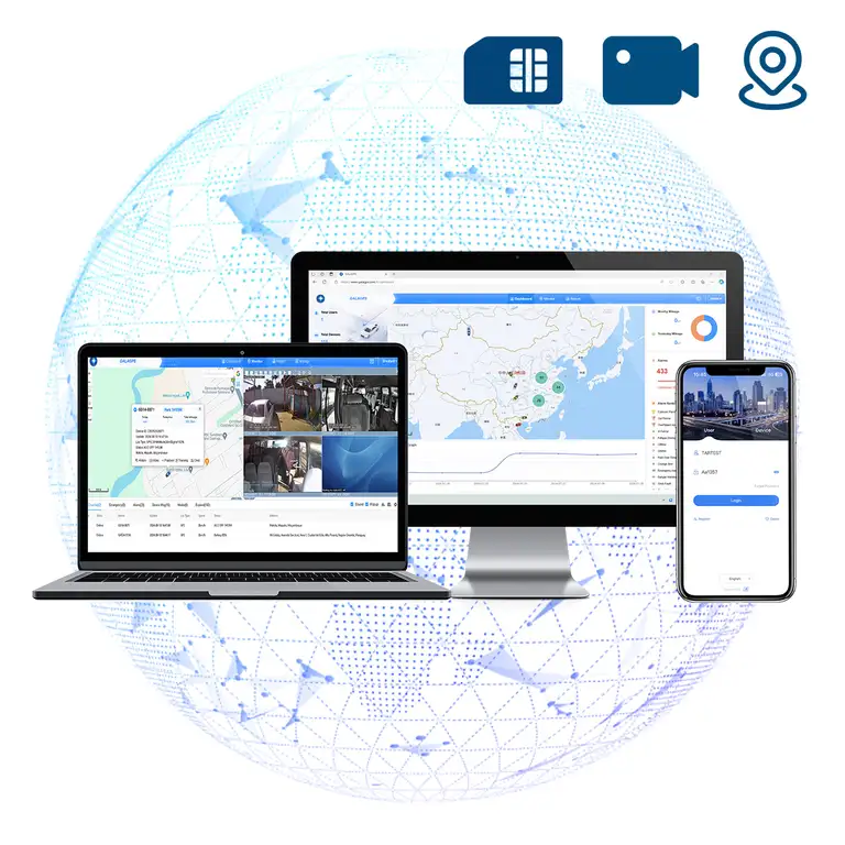 Fleet tracking dashboard shown on laptop, desktop, and phone with map and camera views