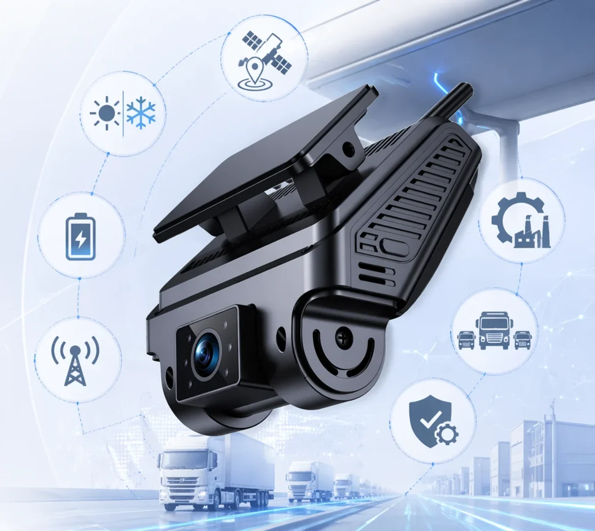 Rugged fleet dash camera with GPS, wireless, battery, and all-weather feature icons