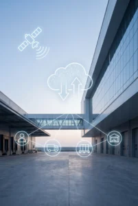 Warehouse courtyard with connected logistics icons showing satellite, cloud, customer, truck, pallet, and storage