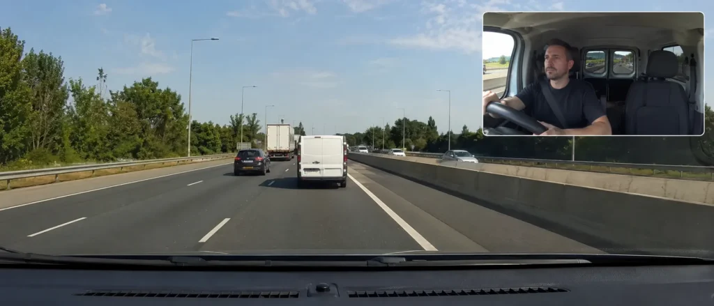 View from a car on a highway, with the driver shown in an inset at top right