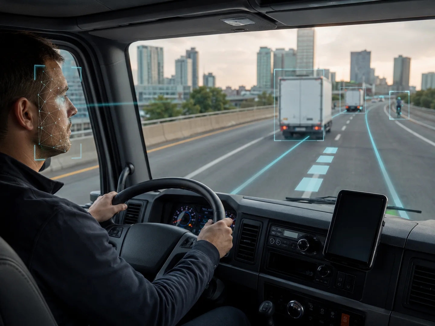 ADAS AI technology identifying vehicles and pedestrians on the road.
