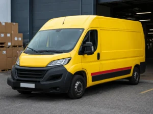 Yellow delivery van parked outside a warehouse loading area