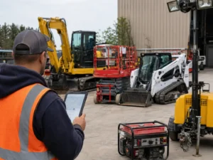 Worker in a safety vest checks a tablet in front of construction equipment at a work yard