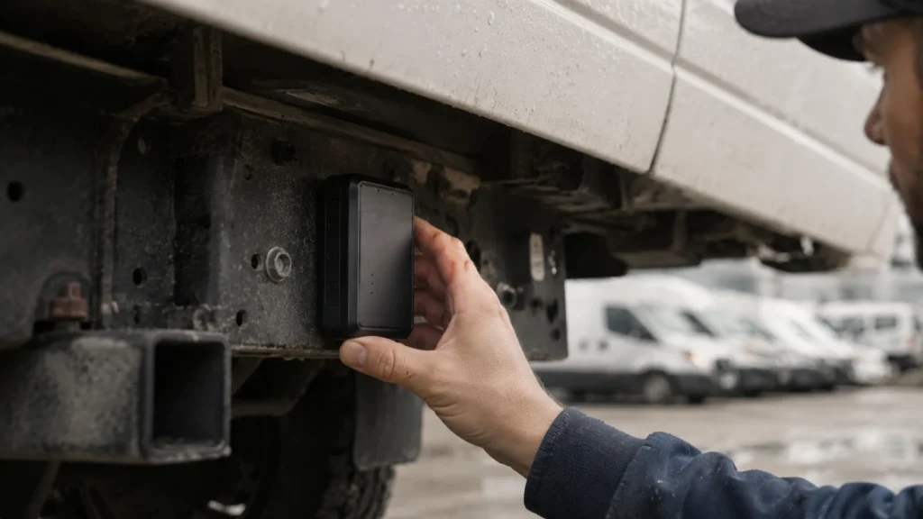 Technician holding a handheld device against the underside of a truck for inspection