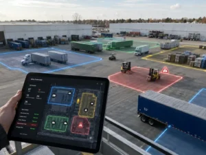 Tablet dashboard monitoring a logistics yard with color-coded geofenced zones around trucks, forklifts, and trailers