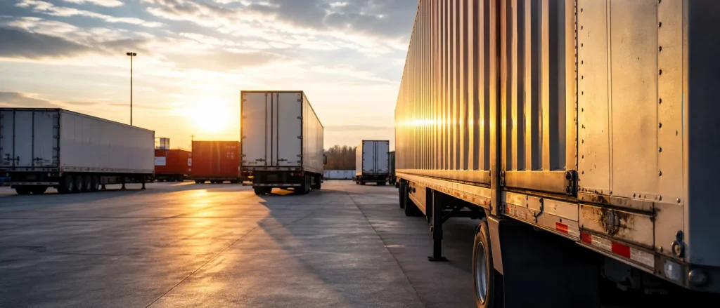 Semi-trailers parked in a truck yard at sunset, with sunlight reflecting off the pavement
