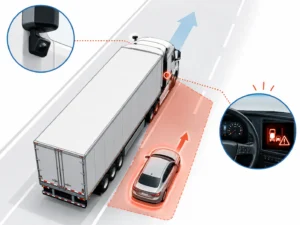Truck blind-spot detection highlights a car in the side zone and warns the driver on the dashboard