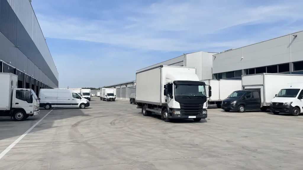 Box trucks and cargo vans parked in an industrial loading=