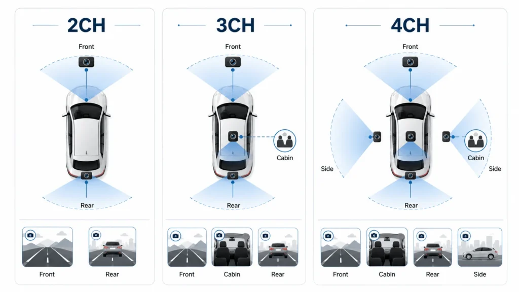 Diagram comparing dashcam coverage: 2CH records front and rear, 3CH adds cabin, 4CH adds side views