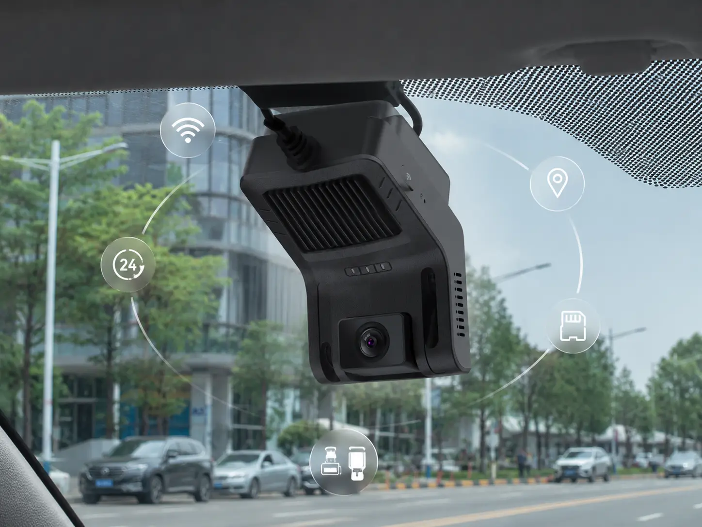 Windshield-mounted dash camera with Wi‑Fi, GPS, 24-hour recording, and memory card support