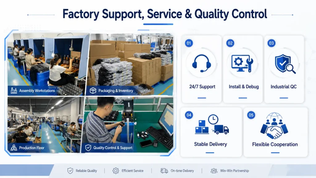 Factory support infographic showing assembly, packaging, production, and quality control with 24/7 support and delivery services