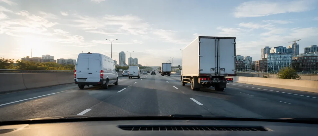 View from a car on a city highway with vans and trucks ahead at sunset