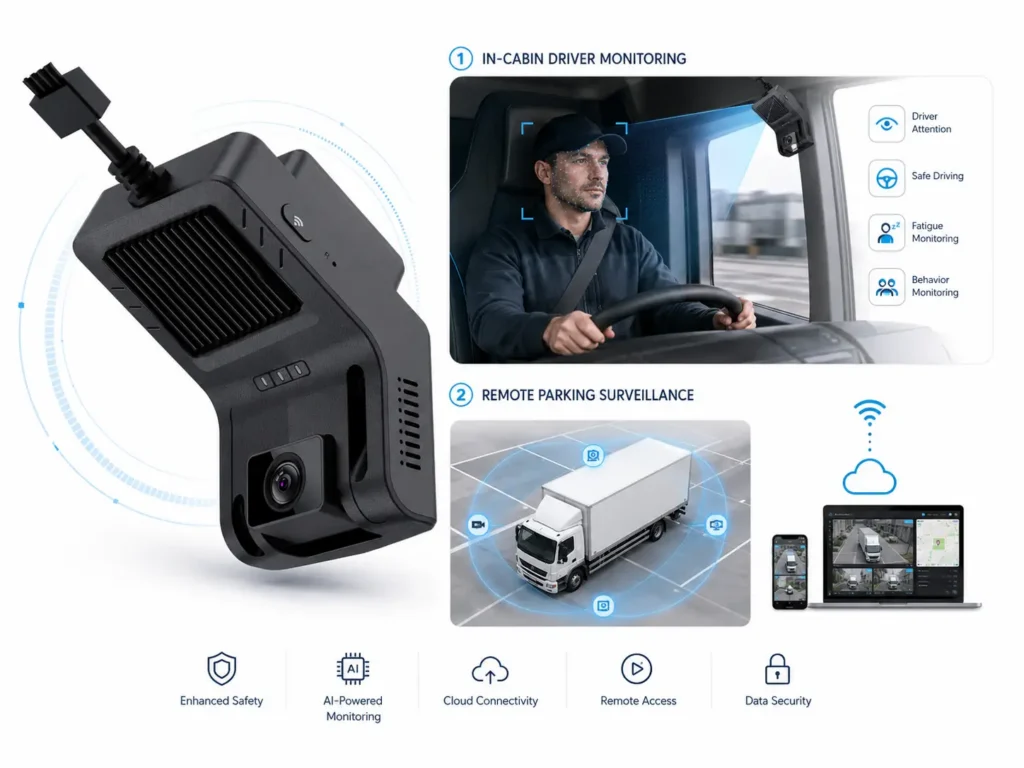 AI-enabled in-cabin driver monitoring camera with remote parking surveillance and cloud access