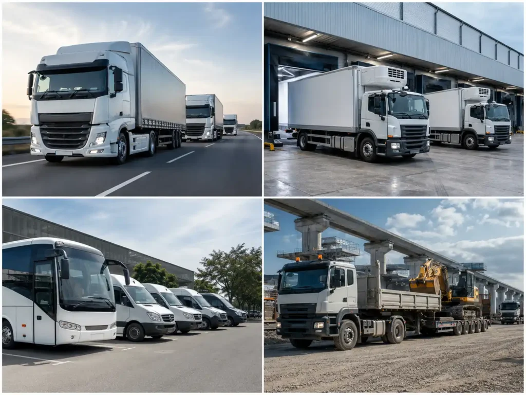 Collage of commercial trucks and vans in transit, at a warehouse, parked, and at a construction site