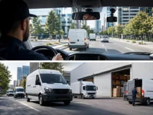 Delivery vans on city streets and at a warehouse, with an in-cab dashcam monitoring the drive
