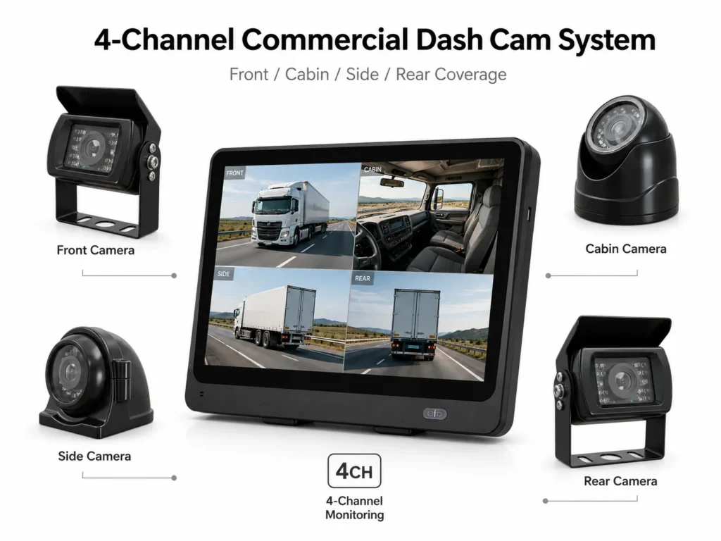 4-channel commercial dash cam system with front, cabin, side, and rear cameras and a monitor showing all four views