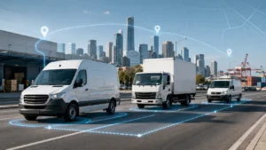 Delivery vans on a city street with a digital map overlay showing fleet tracking and route locations