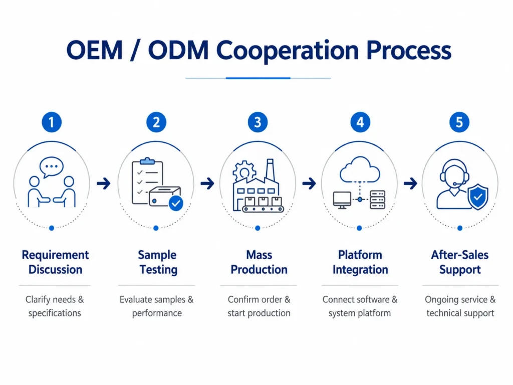 Five-step OEM/ODM cooperation process: requirement discussion, sample testing, mass production, platform integration, after-sales support