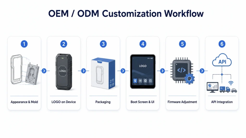 OEM/ODM customization workflow: appearance and mold, logo, packaging, UI, firmware, and API integration
