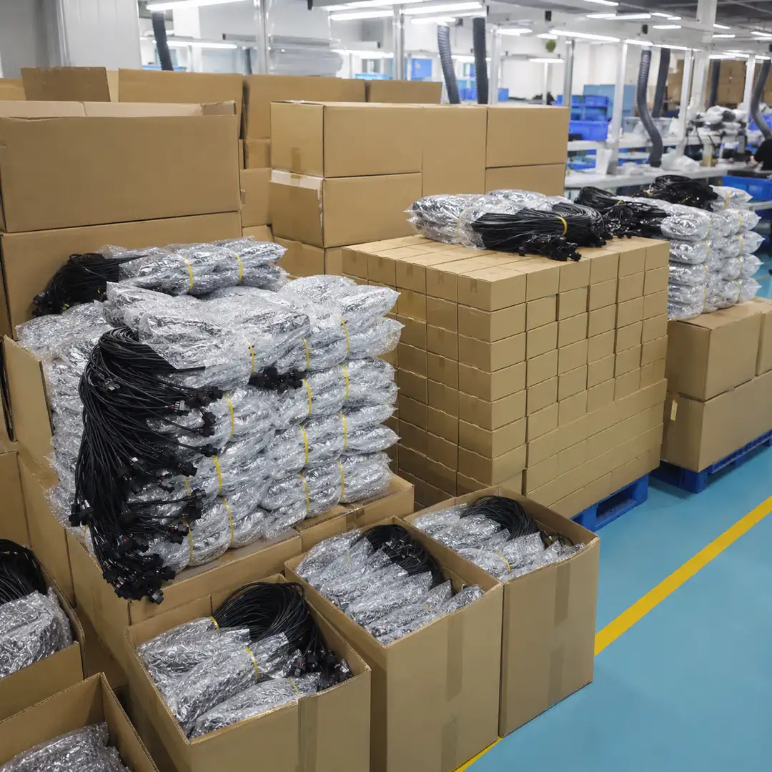 Cardboard boxes and plastic-wrapped cable bundles stacked in a warehouse