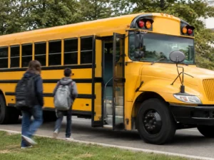 Two students walk toward an open yellow school bus