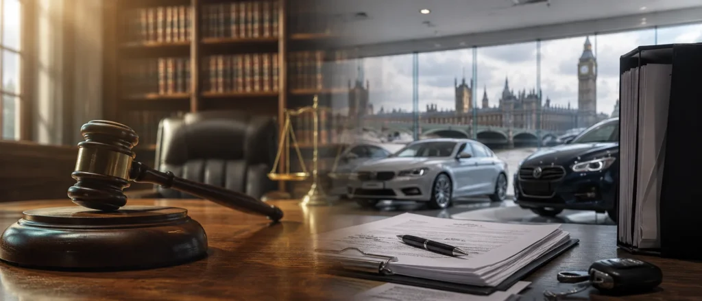 Law office desk with gavel and case files, with cars and Big Ben visible through the window