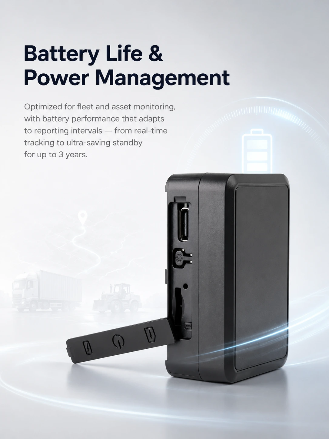 Promotional graphic for a fleet-tracking device with battery life and power management, up to 3 years of standby