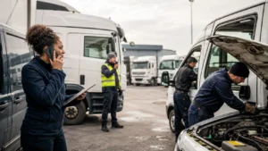 Logistics yard workers inspect and repair vans while a woman coordinates by phone and clipboard