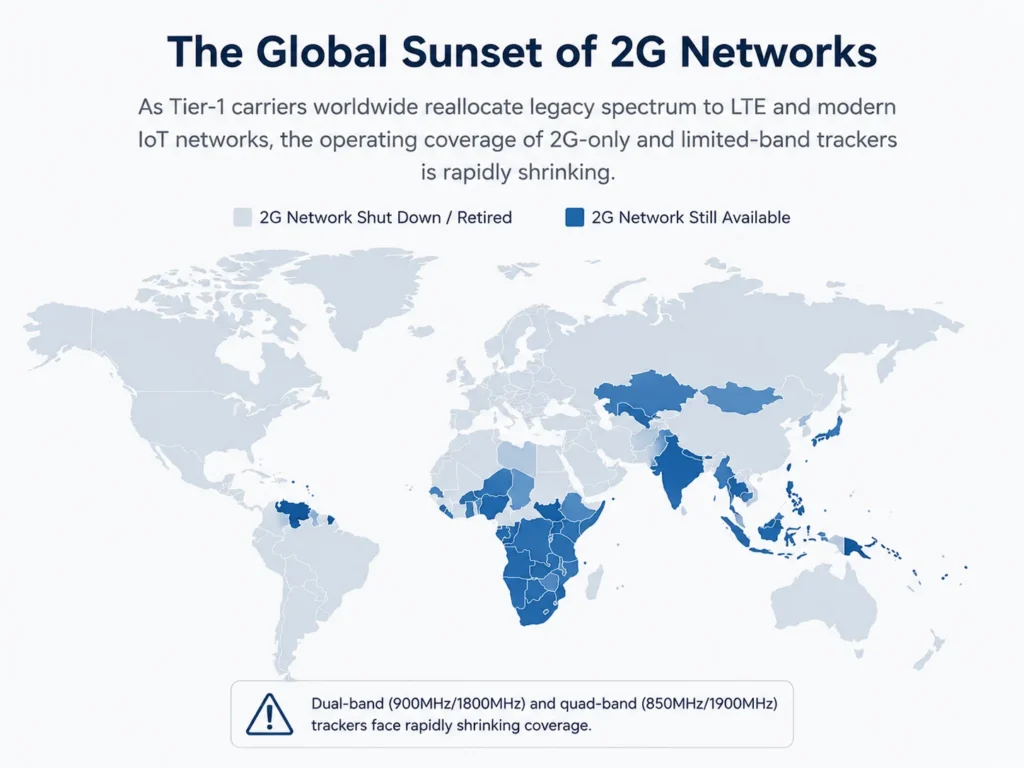 World map showing 2G networks retired in most countries, with coverage still available in parts of Africa and Asia
