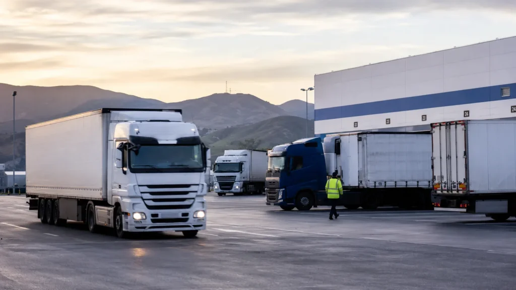 Semi trucks at a warehouse loading=