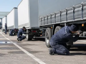 Workers inspect the underside and tires of parked cargo trucks in a lot