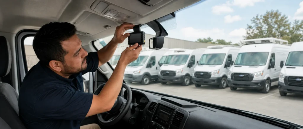Man installs a dash camera inside a van, with a row of white cargo vans outside